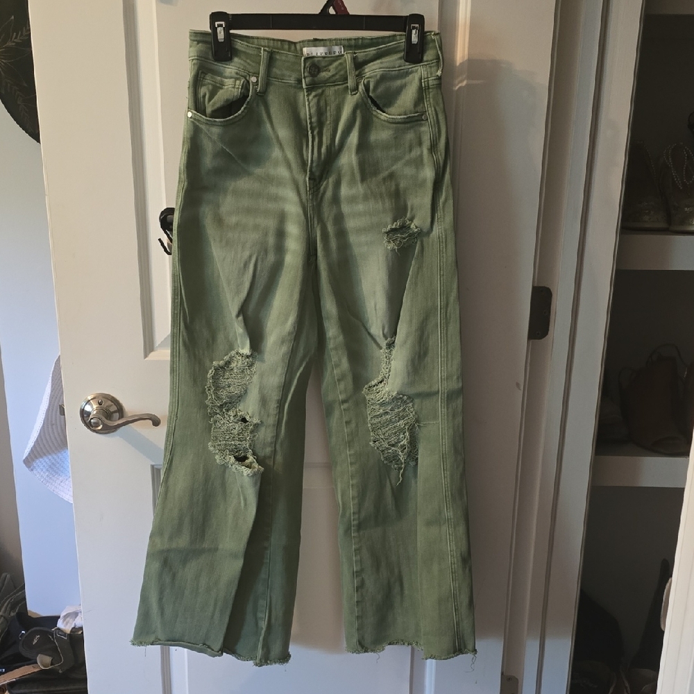 Green Flare Wide Leg Distressed Jeans